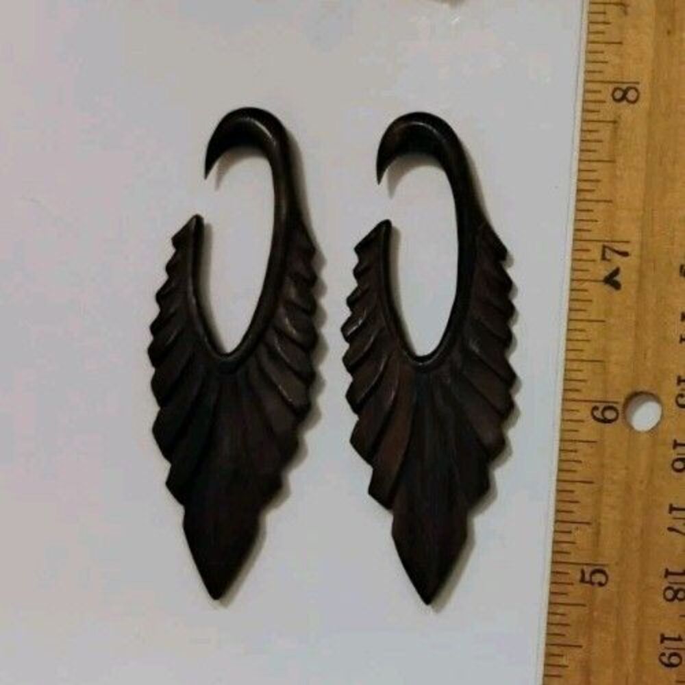 Carved Wood Angel Wing Ear Hangers Tapers Gauges Piercing Pair